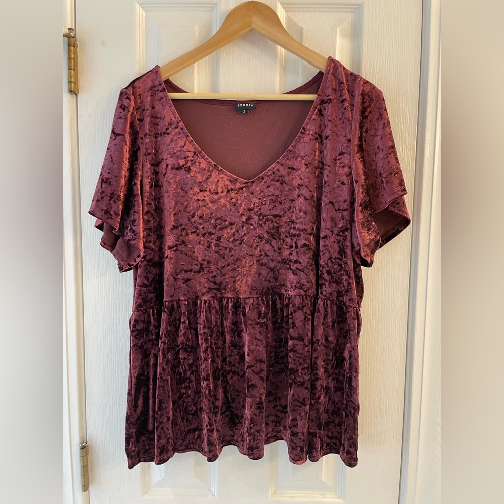 Torrid Crushed Velvet Maroon Babydoll Top